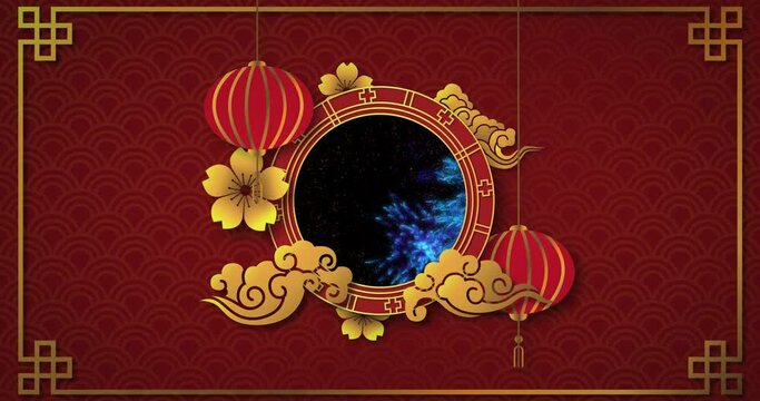 Animation of chinese decorations and fireworks on red background