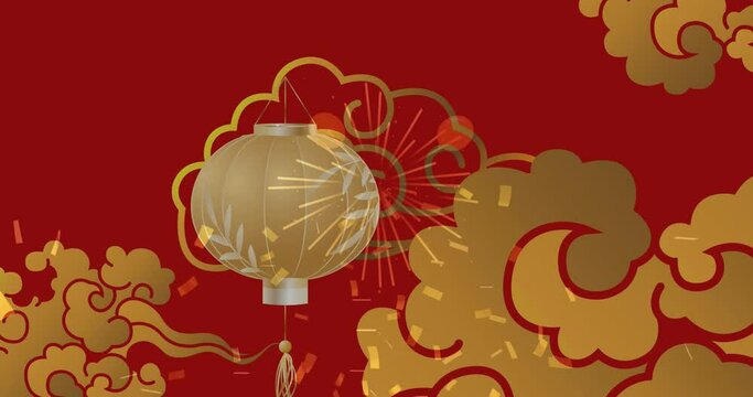 Animation of chinese decorations and confetti on red background