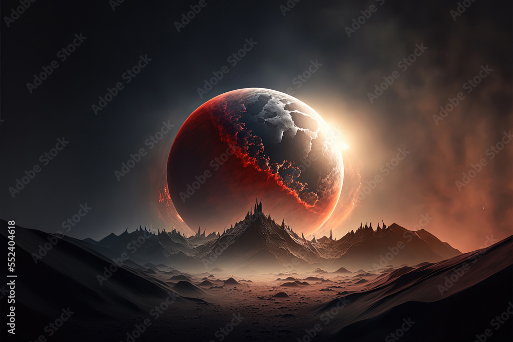 Wall mural lunar eclipse. 3d render of red moon in space. planet mars. fantasy astronomy. sphere in orbit in th