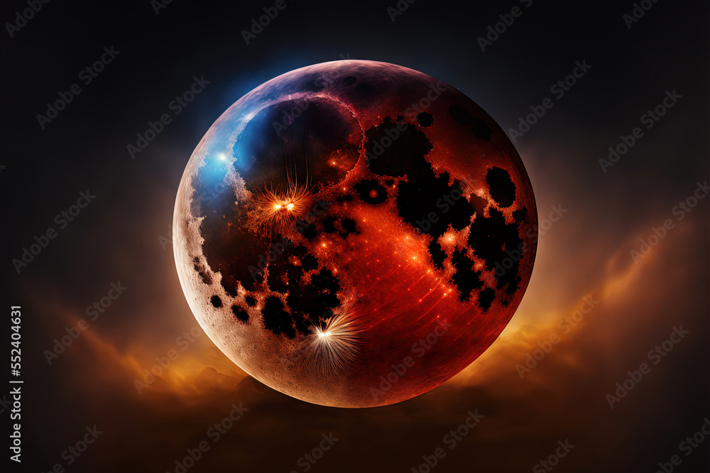 Wall mural lunar eclipse. 3d render of red moon in space. planet mars. fantasy astronomy. sphere in orbit in th