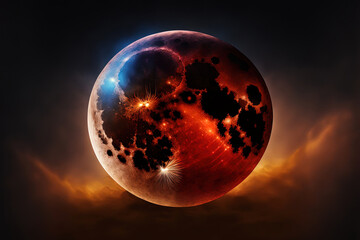 Lunar eclipse. 3d render of red moon in space. Planet mars. Fantasy astronomy. Sphere in orbit in the black of space. Celestial alien planet. End of time. Armageddon. The upcoming of doom. End of time