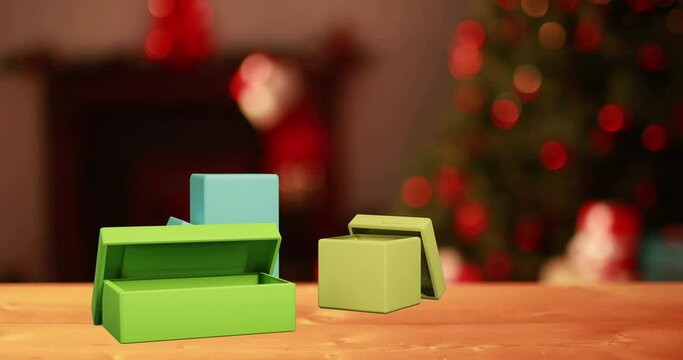 Animation of christmas presents and fairy lights flickering in background
