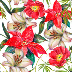 Holiday floral seamless pattern for Christmas day. Watercolor flowers on white background.