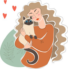 Pretty woman hug her cat Loving domestic pets and cat person concept. vector illustration