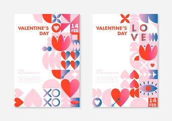 Set of Valentines Day greeting banners templates.Romantic vector layouts in bauhaus style with geometric elements and symbols.Modern trendy designs for banners,invitations,prints,promo offers.