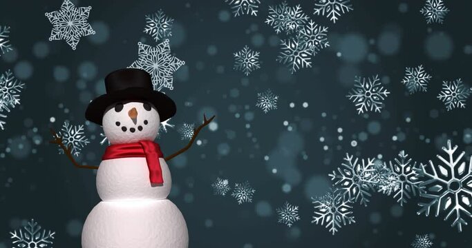 Animation Of Snowman And Christmas Snow Falling On Grey Background