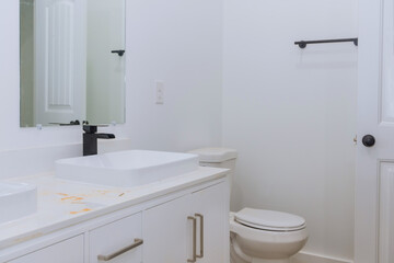 Fototapeta na wymiar Beautifully remodeled master bathroom with marble sink that was added after renovation