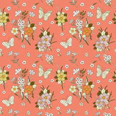 Seamless pattern with flowers and butterflies on salmon background. Can be used on packaging paper, fabric, background for various images, etc.