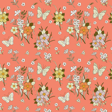 Seamless pattern with flowers and butterflies on salmon background. Can be used on packaging paper, fabric, background for various images, etc.