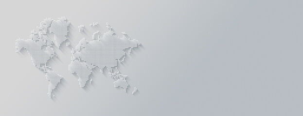 Illustration of a world map made of dots on a white background. Horizontal banner - 552406231