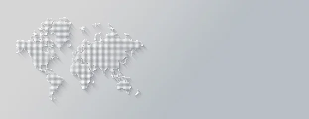 Illustration of a world map made of dots on a white background. Horizontal banner © daboost