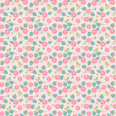A pattern of cute little pink flowers with green leaves on a soft pink background.