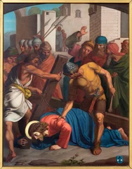 Foto op Canvas LUZERN, SWITZERLAND - JUNY 24, 2022: The painting Fall of Jesus under the cross as part of Cross way stations in the church Franziskanerkirche from 19. cent. © Renáta Sedmáková