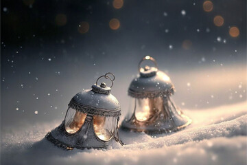 Fototapeta premium gorgeous magical bells shimmering on Christmas snow background.Generative AI.