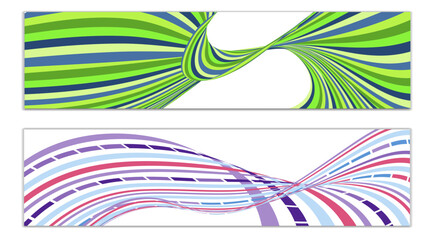 Wavy lines or ribbons. Set of 2 covers. Multicolored striped. Creative unusual background with abstract wave lines for creating a trendy banner, poster. vector eps