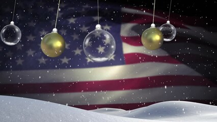 Animation of christmas baubles dangling over flag of usa and snow falling in background - Powered by Adobe