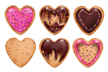 Heart cookie Valentine’s Day set, cartoon vector chocolate cute dessert, sweet food background kit. Holiday pastry doughnut, biscuit frosting, pink glaze, love symbol. Heart cookie bakery clipart