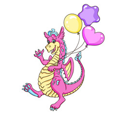 Pink cute dragon with balloons. Vector drawing.