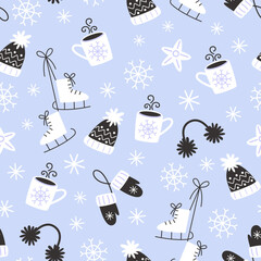Festive winter pattern with cozy elements in flat style