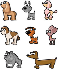 Cute funny cartoon dogs vector puppy pet characters different breads doggy illustration. Human friends home animals