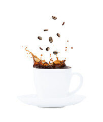 white cup of coffee with coffee beans on plate, splashing, isolated, white background