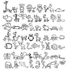 Children's drawings of cute doodle animals illustrations