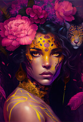 Portrait of a woman covered with flowers and a jaguar hat, Generated by Generative AI