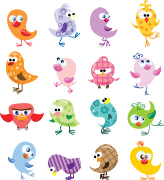 Funny birds collection. Cute hand drawn owl characters. Set of vector illustrations in cartoon style