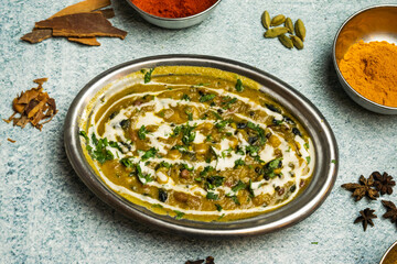 Spicy Dal Makhani or butter daal served in a dish isolated on grey background top view of bangladesh food