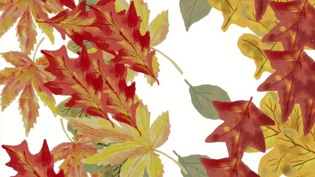 2d Animation motion graphics showing a watercolor oil painting of autumn leaves falling on white screen in HD 1080 high definition.