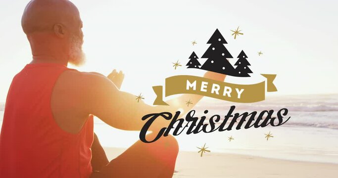 Animation of merry christmas text over senior african american man at beach