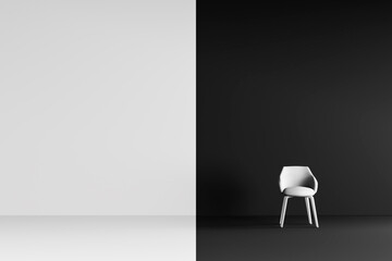 Render 3D, silla blanca con fondo blanco y negro 