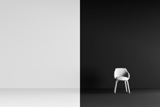 Render 3D, silla blanca con fondo blanco y negro 