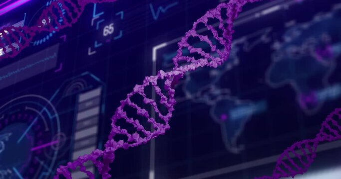 Animation of dna strand over data processing on black background