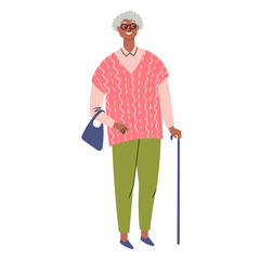 Dark-skinned senior woman with bag and stick. Cute grandmother in glasses, with short gray hair. Elderly woman on a walk. Grandma isolated in flat style. Vector illustration.