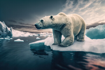 Global warming, concept with lone polar bear standing on small iceberg in the middle of the ocean, Generative AI illustration