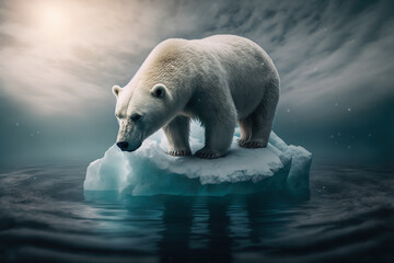 Obraz na płótnie Canvas Climate change concept with polar bear standing on small iceberg in the middle of the ocean, Generative AI illustration