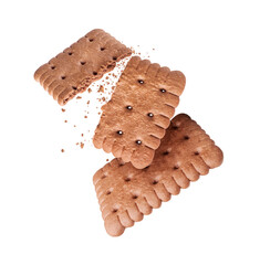 Delicious biscuits with chocolate flavor in the air close-up isolated on a white background