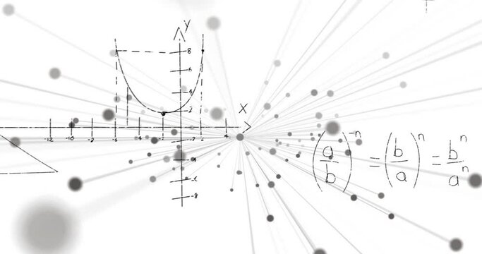 Animation of mathematical equations over shapes on white background