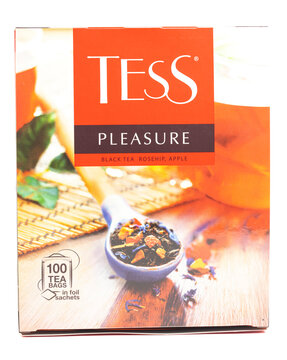 Moscow, Russia, December 08,2022: Black tea Tess Pleasure in tea bags