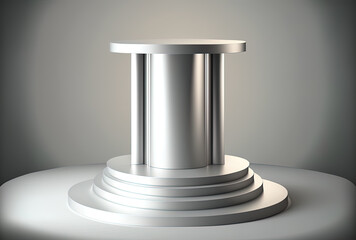 Silver luxury podium with an abstract backdrop and an empty pedestal for product placement. Generative AI