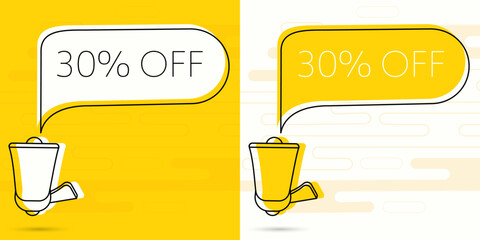 30 percent off. Megaphone and colorful yellow speech bubble with quote. Blog management, blogging and writing for website. Concept poster for social networks, advertising, banner