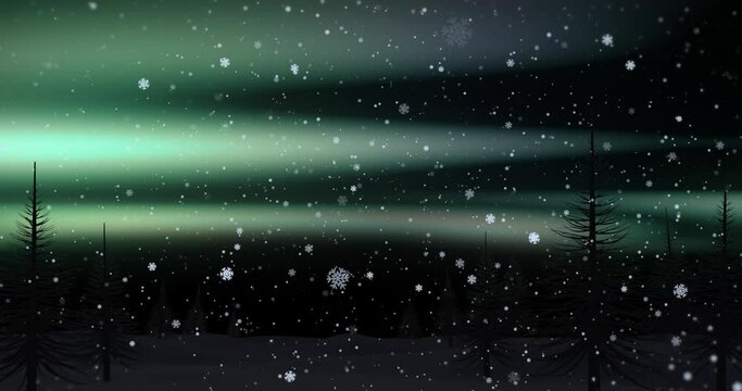 Animation of snowflakes and northern lights over forest landscape