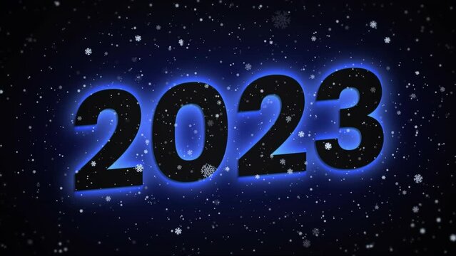 Animation of snow and 2023 over black background