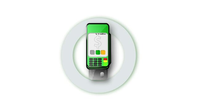 credit card machine, animation 2d, blue, payment card,
green, grey, background white