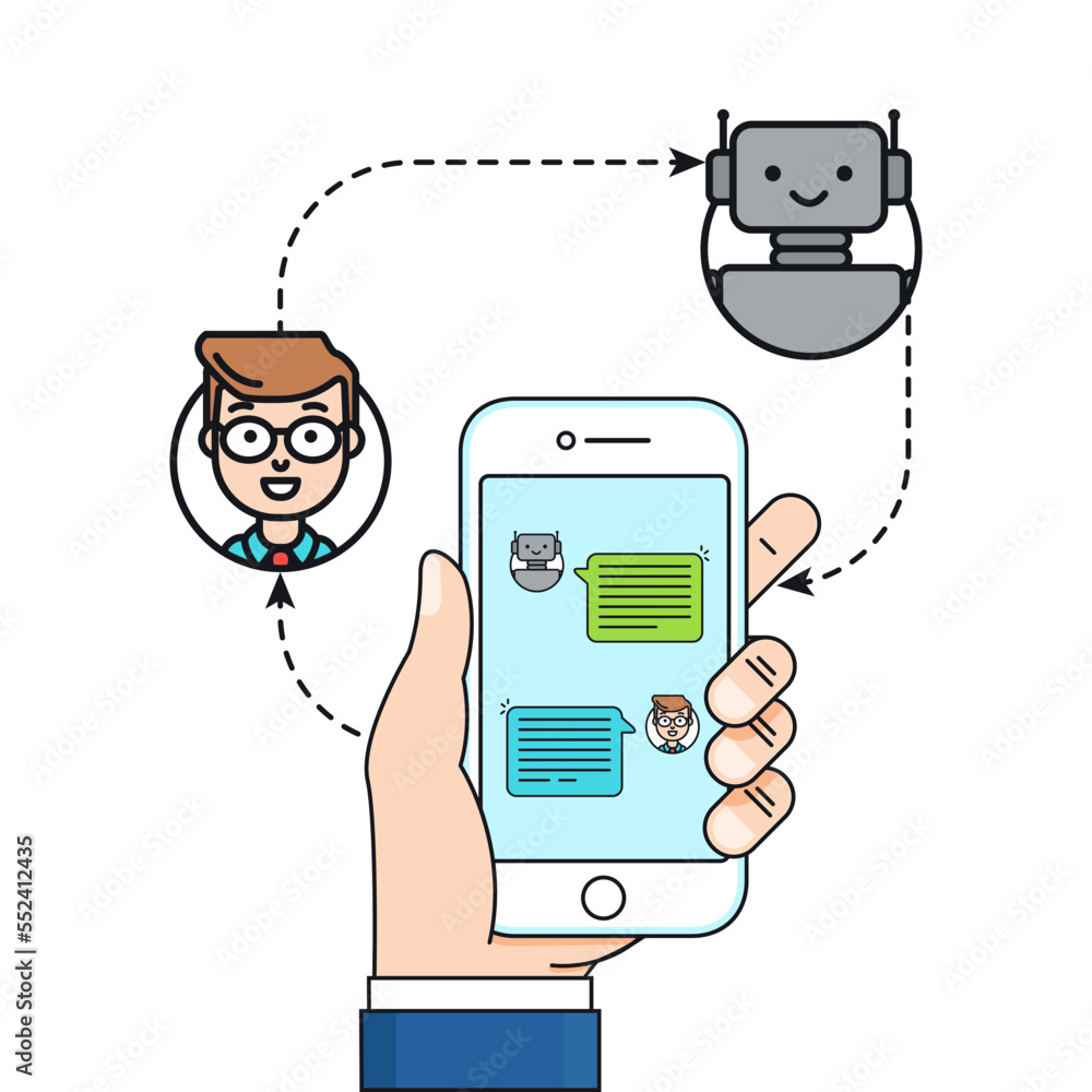 Poster chatbot concept. man chatting with chat bot on smartphone. customer service support on mobile phone.