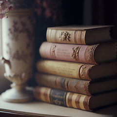 A close-up shot of a stack of books next to vase. with amzing details of the books. The colors are muted and the lines is soft, giving the image a dreamy, nostalgic feel..