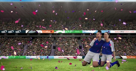 Animation of diverse female soccer players over stadium - Powered by Adobe