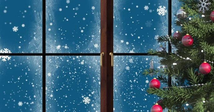 Animation Of Christmas Tree, Window And Snow Falling Outside