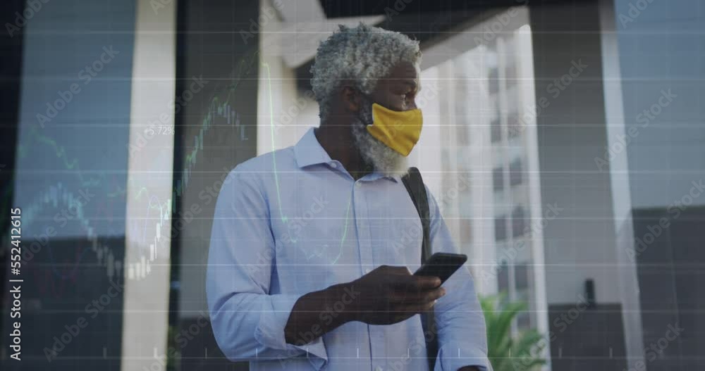 Poster animation of data processing and globe over african american man using smartphone
